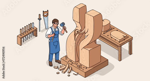 Wood carving in progress, depicting artisan working on a modern sculpture. Wood carving involves detailed shaping, and skilled craftsman uses mallet and chisels for wood carving.