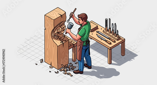 Craftsman engaged in wood carving, shaping wooden block with chisel and mallet. Artisan sculpts intricate design using wood carving tools on bench. Concept wood carving for craftsmanship, art,