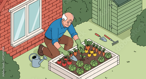 Senior man tending raised garden bed with vegetables. Elderly gardener planting carrots, tomatoes, and lettuce in small raised garden.