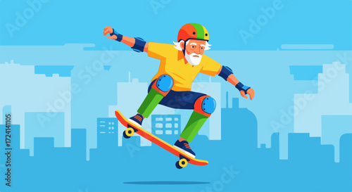 Elderly man skateboarding on city background, showcasing elderly man skateboarding with energy and style. This elderly man skateboarding with his gear is enjoying life and pursuing his passion.