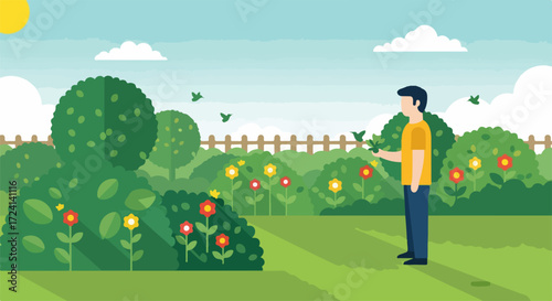 Illustration of gardening scene with person trimming topiary. Gardening scene features a man pruning green bushes in garden, with flowers and plants in sunshine.