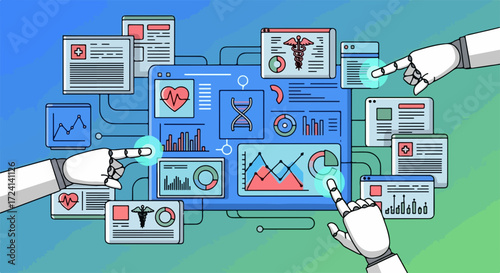 AI in healthcare presentation shows human and robotic arms interacting with medical interfaces. AI in healthcare includes DNA, heart rhythm, medical caduceus and other interactive panels.