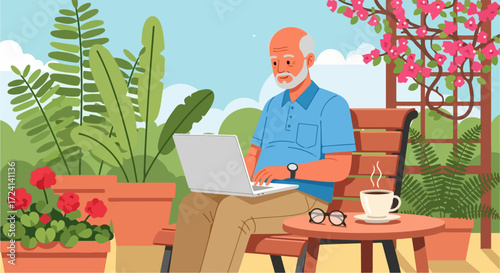 Senior using laptop in garden showing relaxation with modern device near rose bushes. Senior using laptop, he enjoys peaceful outdoor space with coffee and eyeglasses on table.