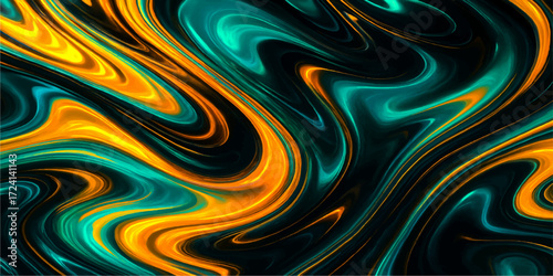An abstract fractal background with a soft, flowing blue ,golden liquid pattern and light waves