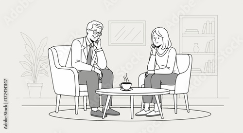 Psychotherapy session depicted with man and woman in neutral living room, psychotherapy session showing thoughtful discussion. Counseling session with counselor providing mental health support.