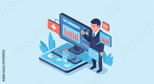 Healthcare data analysis presented on modern computer screen with specialist in suit. Healthcare data analysis involves checking report and making adjustments, interpreting information.
