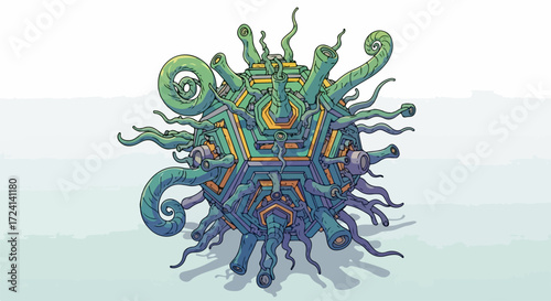 Cartoon microbe in shades of teal and yellow against white. Microbe presents intriguing composition, revealing numerous tubule structures with spiral elements.