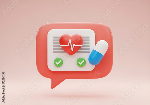 3d render medical health chat icon with heartbeat and pill symbol
