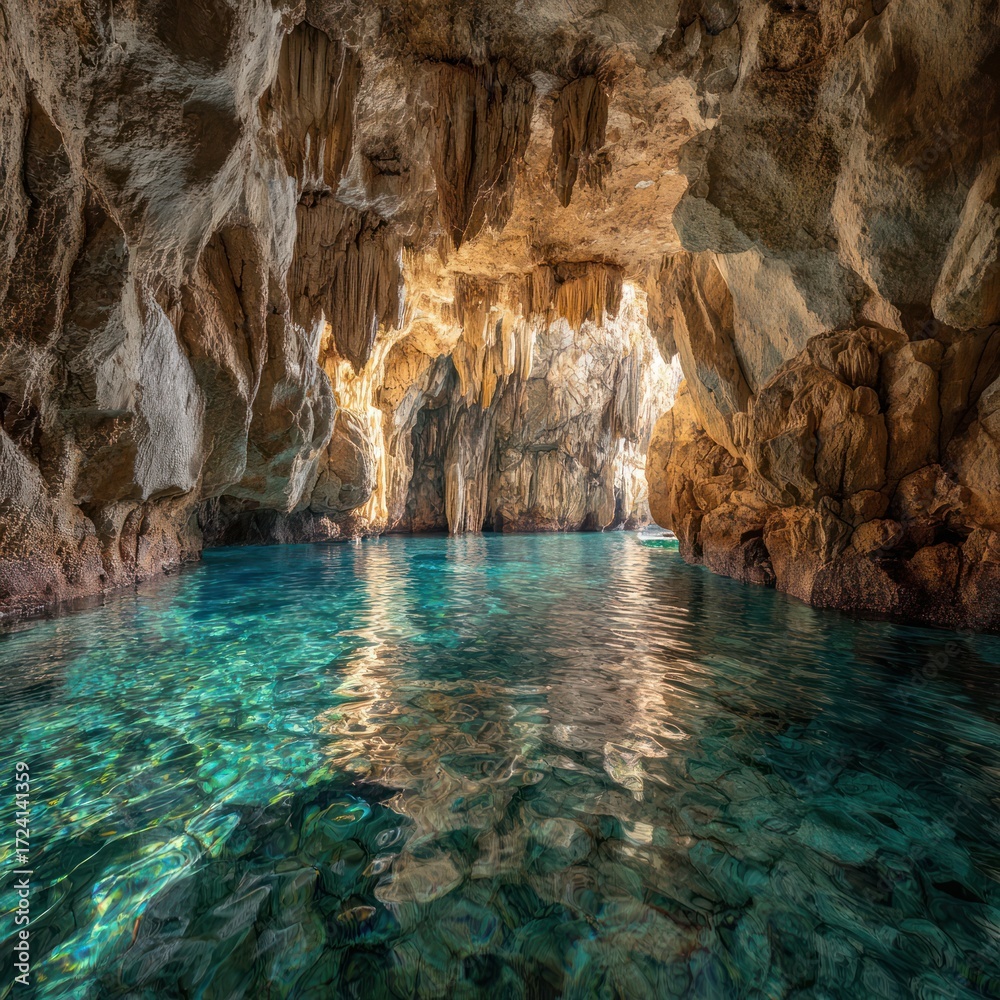 Naklejka premium Underwater cave sunlight turquoise water