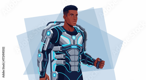 Futuristic cyborg man in advanced exoskeleton suit.  High tech cyborg with glowing body armor and mechanical limbs.  Concept cyborg image for science fiction, video games, or futuristic tech projects.