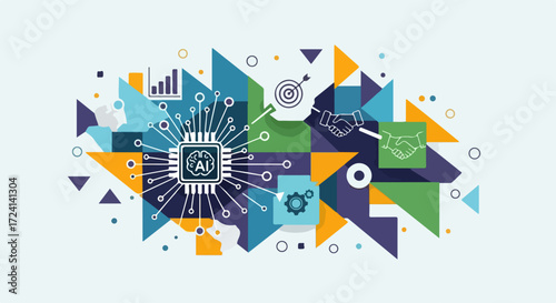 Modern technological connections displayed in abstract illustration, concept technological connections. Abstract shapes create digital flow with geometric forms and electronic circuit.