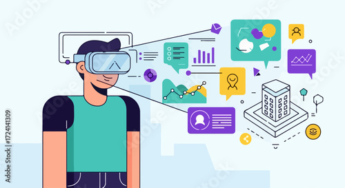 Man using augmented reality goggles for vr applications. Augmented reality user connects with 3d graphics for immersive experience, enjoying virtual reality simulations and data insights.