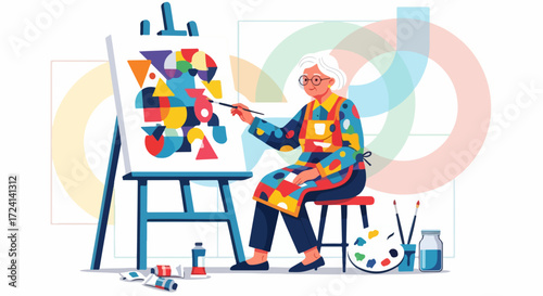 Artist painting abstract on canvas using vivid colors, artist working to create geometric artwork in studio, art supplies around. Artist painting requires creativity, passion, and skill,