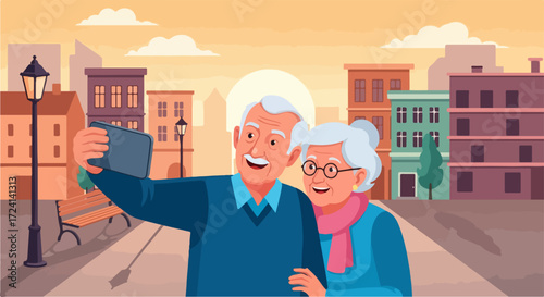 Senior couple taking selfie in city. Senior couple embrace with a digital tablet and take photos together in downtown streets.