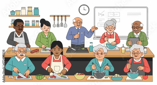 Cooking class for seniors with diverse participants preparing food at wooden kitchen table. Seniors cooking class shows mature adults chopping vegetables and stirring ingredients in mixing bowls,