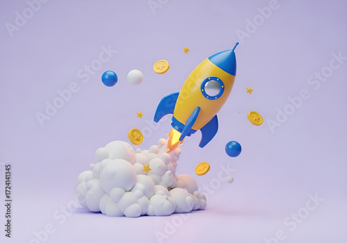 Whimsical 3d render of a yellow rocket launching into space with colorful spheres