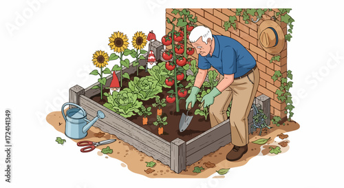 Senior man tending his vegetable garden plot with tomatoes, lettuce, and carrots. Growing a vegetable garden is great for physical and mental health as he uses gardening tools to grow vegetables,