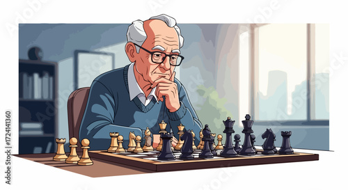 Thoughtful elderly man playing chess contemplating strategy, chess game unfolding with concentration, showing his intellectual acuity,