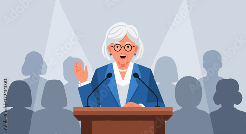Public speaker at podium addressing audience, viewed from front, at a conference event. Public speaker engages with listeners using hand gestures and facial expressions.