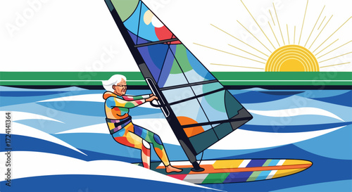 Windsurfing day with senior woman sailing on water for sport. Windsurfing is best summer extreme water sport for active people.