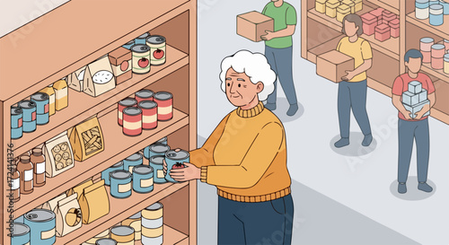 Volunteering together at food bank, showing senior lady selecting canned goods from shelf. Volunteering together at food bank, while other volunteers carry boxes, representing community support.