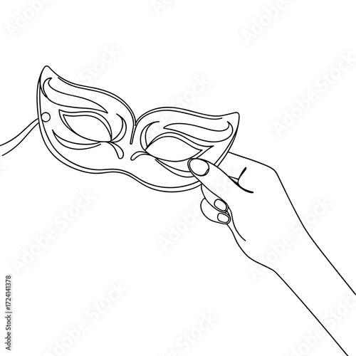 Hand holding decorative party mask in minimalist line art style  