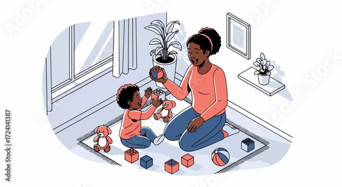 Mother and child playing is shown in this illustration. Mother and child playing with toys on rug inside home illustration, including a ball, blocks and stuffed animals.