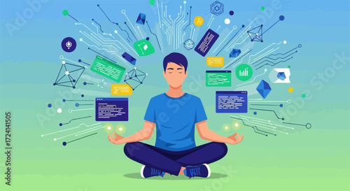 Conceptual illustration of mindfulness meditation with coding interface, depicting digital detox in calm posture. Mindfulness meditation as metaphor for mental wellbeing,