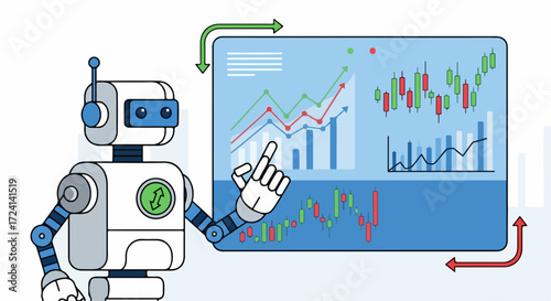 Robot trading system with data analysis on a screen depicting stock market charts. Robot trading automates investment decisions based on complex algorithms and market data.
