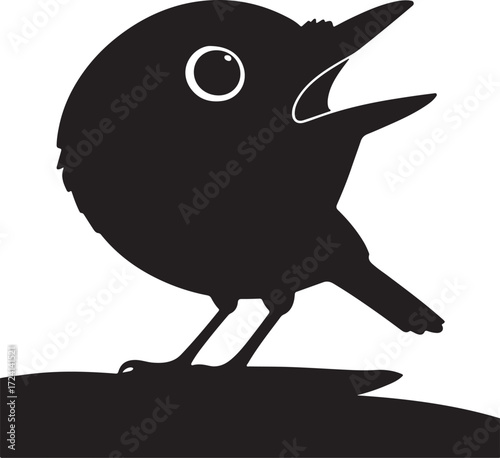 Black silhouette of a singing bird on a branch white
