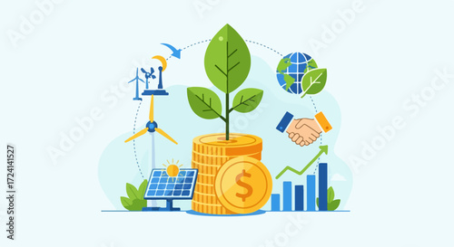 Illustration showing green economy concept with plant growing from money coins, surrounded by renewable energy sources and global environmental protection.