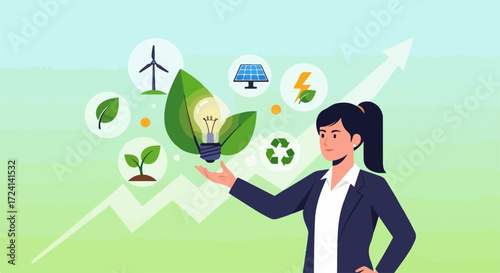 Green energy vector featuring lightbulb and plant leaf depicts sustainable solutions. This green energy illustration shows renewable resources like wind turbine and solar panel.