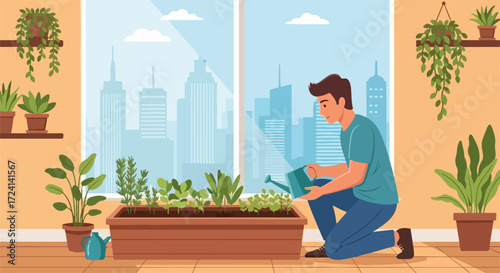 Home gardening concept: Young man watering plants in home gardening setup near window with cityscape. Home gardening gives him peace. Home gardening is beneficial for mental health and lifestyle.