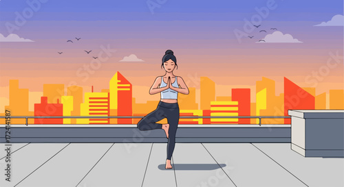 Practicing yoga on roof, young woman doing yoga in tree pose on roof during sunset. Tree pose helps her feel grounded. Practicing yoga on roof,