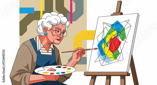 Elderly woman painting abstract art on canvas with vibrant colors. Senior artist holds palette and brush, focusing on geometric shapes, joyful creative pursuit. Concept for art classes,