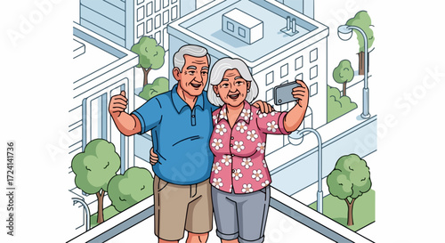 Senior couple selfie on city rooftop, smiling, capturing photo with phone. Happy senior couple selfie moment, enjoying urban landscape, modern buildings, trees.