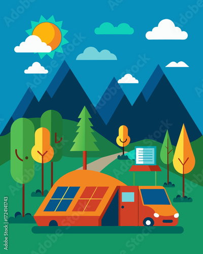 A secluded camping spot within the nature reserve offers an ecofriendly experience with a solarpowered charging point for campers to keep their electric cars running.. Vector illustration