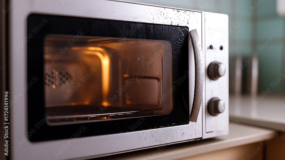 Fototapeta premium Close-up of a moist microwave oven in a kitchen, radiating warm light inside. Knobs and settings are visible. Condensation covers the exterior.
