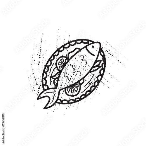 A beautifully arranged fish dish is placed on a decorative plate, garnished with lemon slices. This meal is seen during a lively festival celebration, showcasing vibrant food culture.