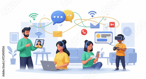 Family engaging in digital communication with various smart devices and interconnected networks. Modern digital communication connects people using laptops, tablets,