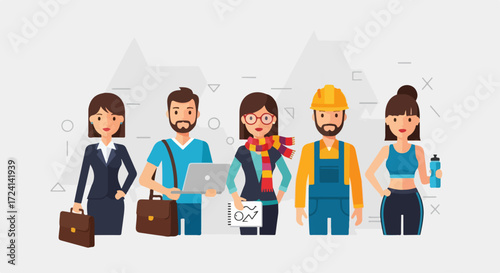 Diverse occupations illustration showing group of people from various professional backgrounds. Diverse occupations include businesswoman, freelancer, creative, construction worker, and athlete.