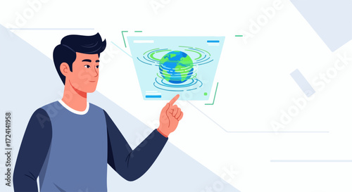 Man touching holographic earth globe, modern digital hologram. Globe interface presents interactive global network communication. Concept globe hologram,