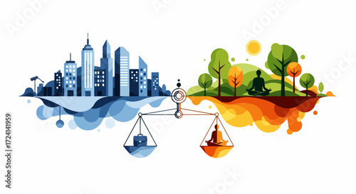 Finding life balance illustrated by city versus nature on scales, with meditating figures on each side. Explore life balance and equilibrium,