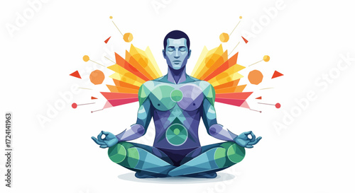 Meditative mindful practice with man in lotus position for mental wellbeing. Meditative approach includes body scan for physical, emotional wellness and inner peace.