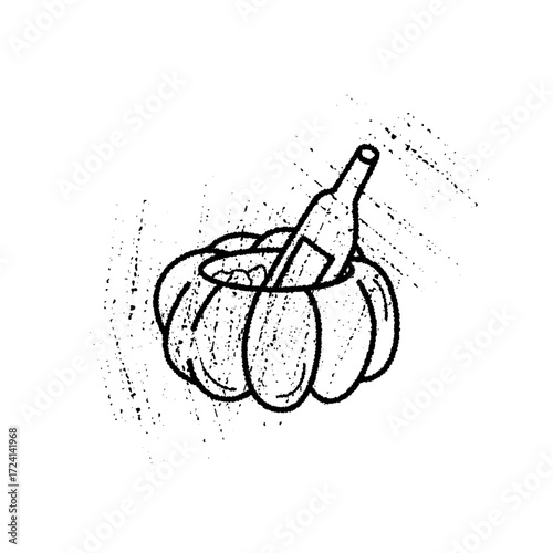 A festive pumpkin is carved and used as an ice bucket, holding a bottle of wine. This unique decoration is perfect for a harvest gathering in autumn.
