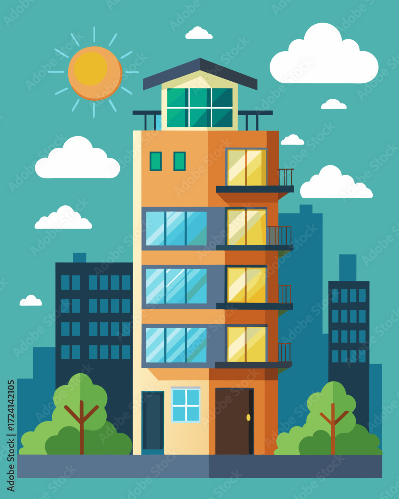 Fototapeta premium A multistory urban building powers all its units with solar energy and utilizes a central home automation system for convenient management of resources.. Vector illustration