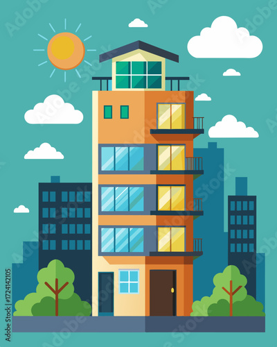 A multistory urban building powers all its units with solar energy and utilizes a central home automation system for convenient management of resources.. Vector illustration