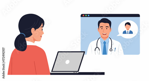 Online doctor visit with young woman speaking to doctor via laptop. Online doctor visit is convenient and accessible, as seen in digital consultation between doctor and patient.