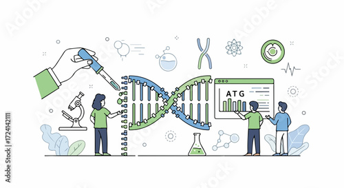 Genetic testing illustration shows research on chromosomes, with people analyzing dna. Genetic testing setup requires human participation and professional equipment.