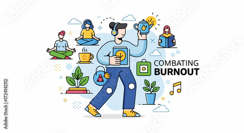 Combating burnout with meditation, reading, and plant care for calm wellbeing. Combating burnout requires balance of work and leisure with nature and music.